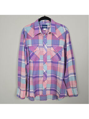 VTG 90s Wrangler Mens Western Pearl Snap Shirt L Pink Plaid Cowboy Retro Rodeo